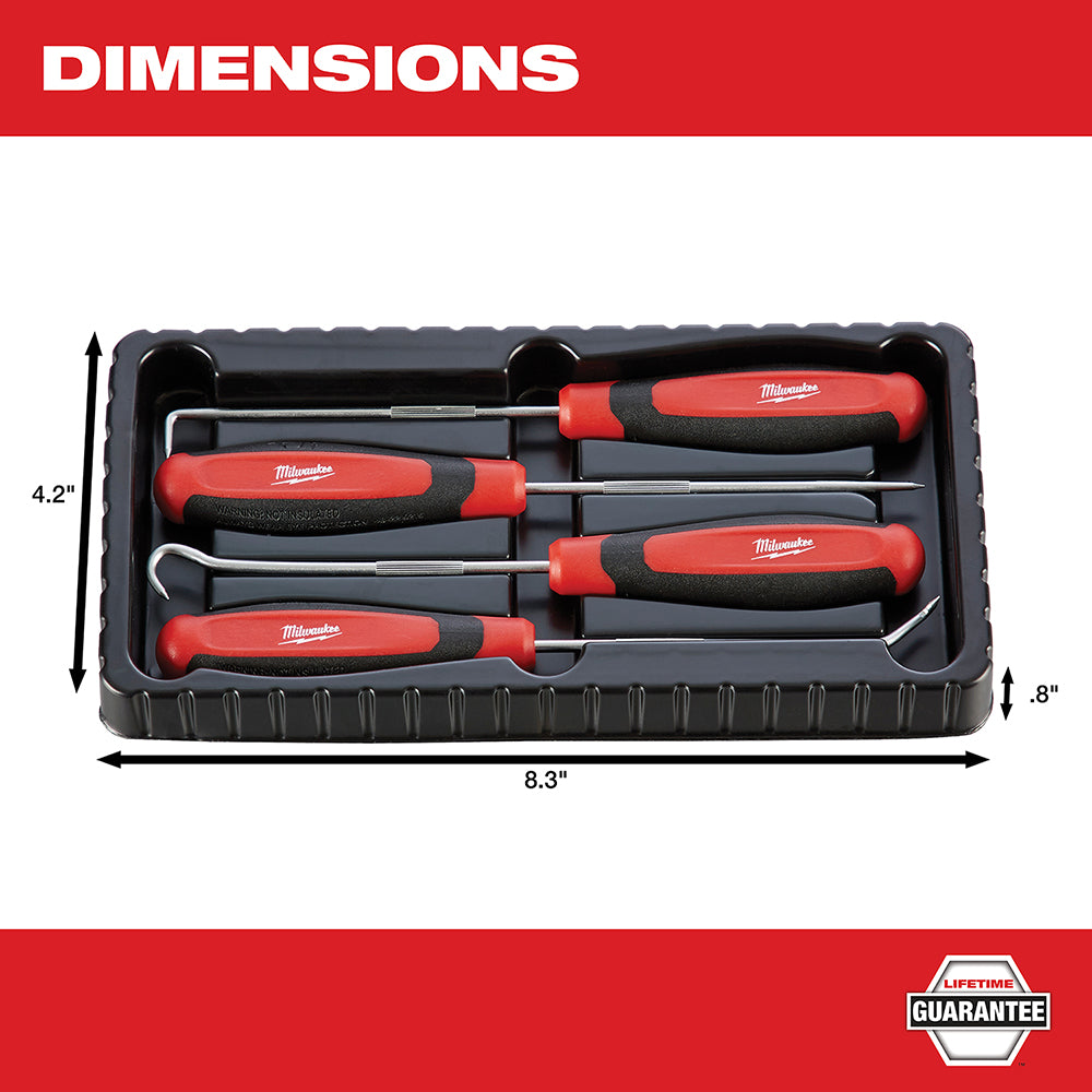 Four Milwaukee hook and pick tools with red and black handles arranged in black storage case.