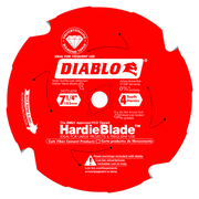 Red circular saw blade with 4 teeth, 7-1/4 inch diameter, white center arbor hole, and Diablo branding for fiber cement cutti