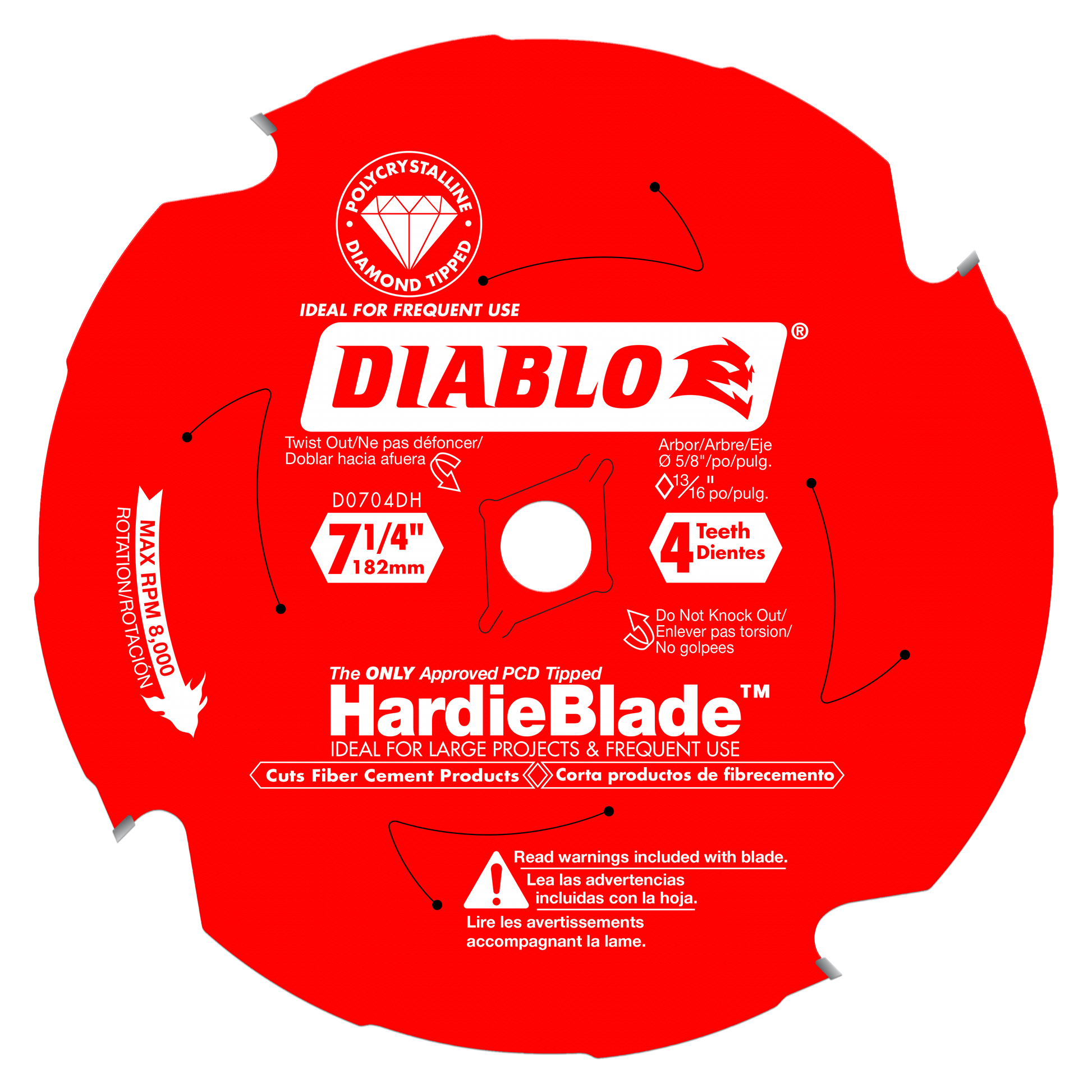 Red circular saw blade with 4 teeth, 7-1/4 inch diameter, PCD tipped for fiber cement cutting.