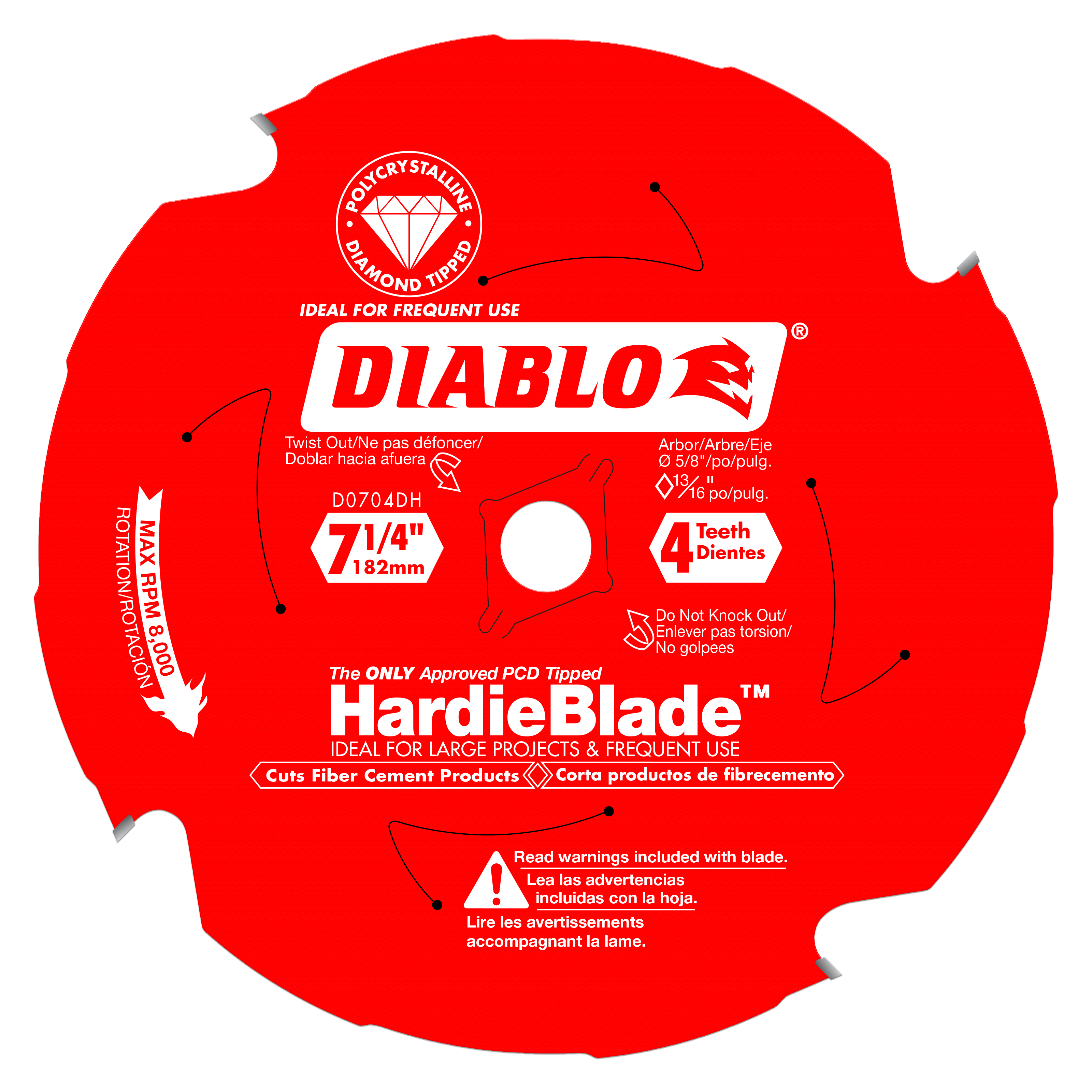 Red circular saw blade with 4 teeth, 7-1/4 inch diameter, PCD tipped for fiber cement cutting.