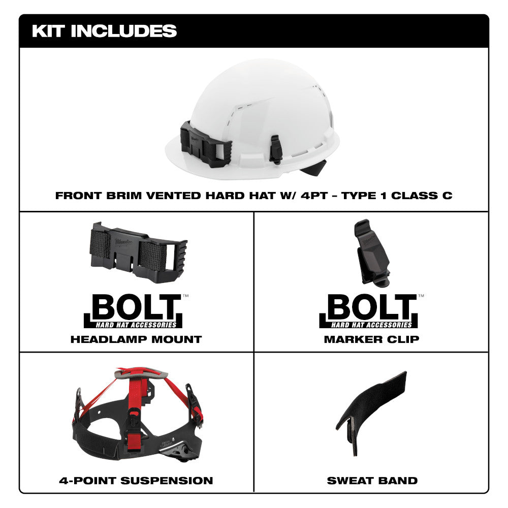 White front brim vented hard hat with black 4-point suspension, headlamp mount, marker clip, and sweat band included.