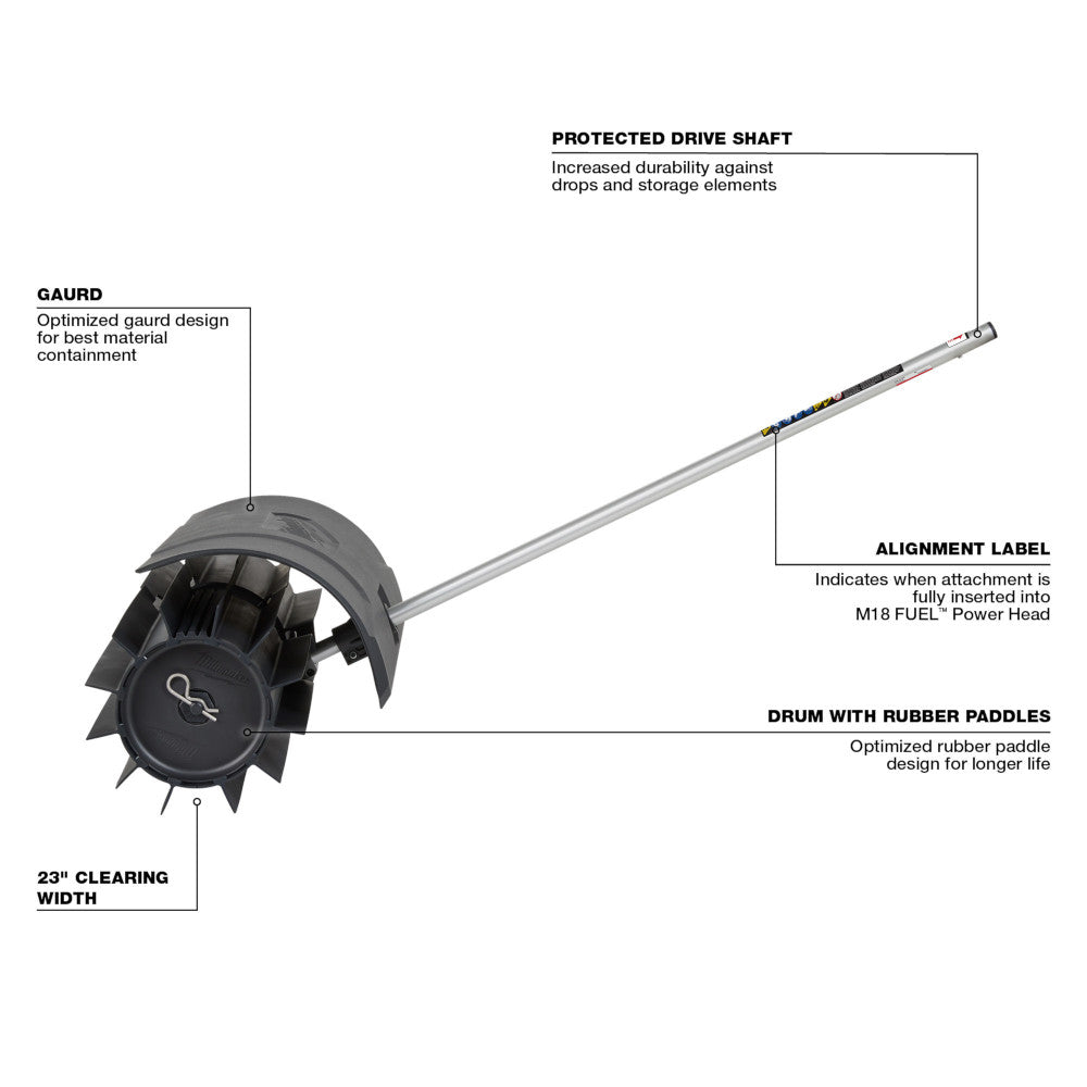 Milwaukee M18 FUEL rubber broom attachment with rotating drum, guard, and metal shaft with alignment label.