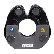 Black stainless steel press ring with four jaw positions, labeled SS 1 1/2 inch, featuring blue and yellow safety icons.
