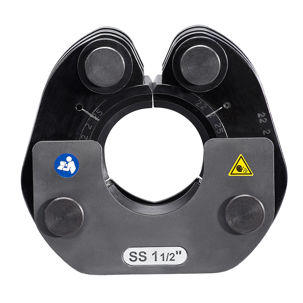 Black stainless steel press ring with four jaw positions, labeled SS 1 1/2 inch, featuring blue and yellow safety icons.