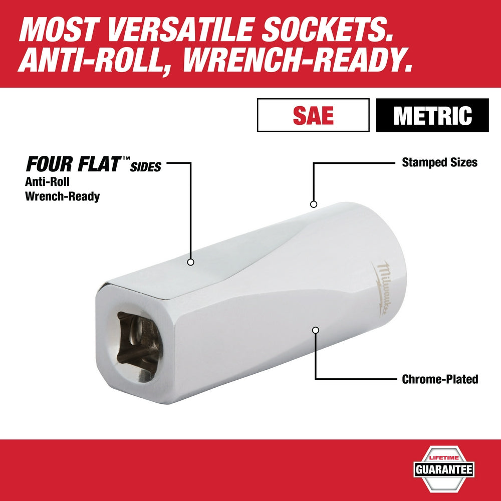 Chrome-plated 1/2" drive socket with four flat sides and stamped size markings on cylindrical body.
