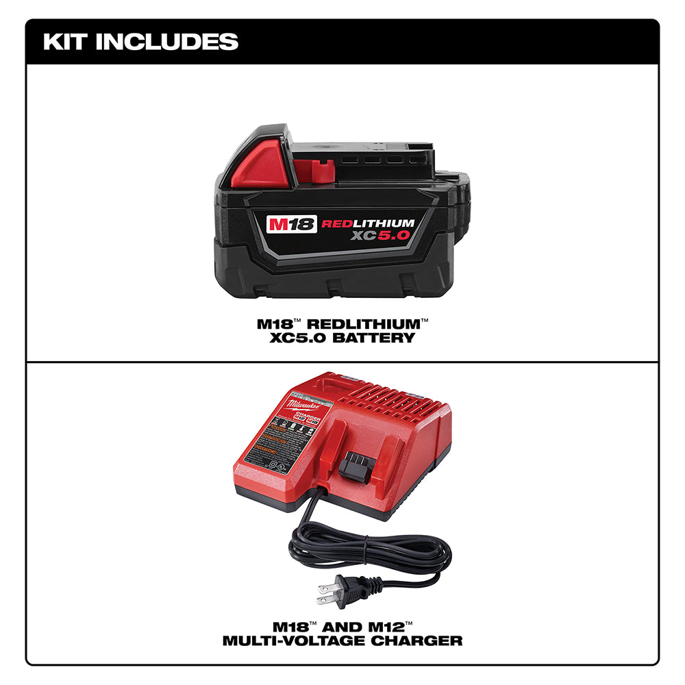 M18 REDLITHIUM XC5.0 battery pack with red and black casing, and red multi-voltage charger with power cord.