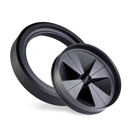 Black baffle upgrade kit with rubber ring and fan-shaped deflector component for garbage disposal.