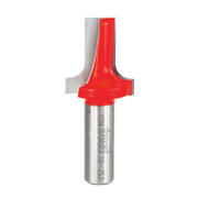 Red and silver router bit with rounded ovolo cutting profile and metal shank marked with Freud branding.