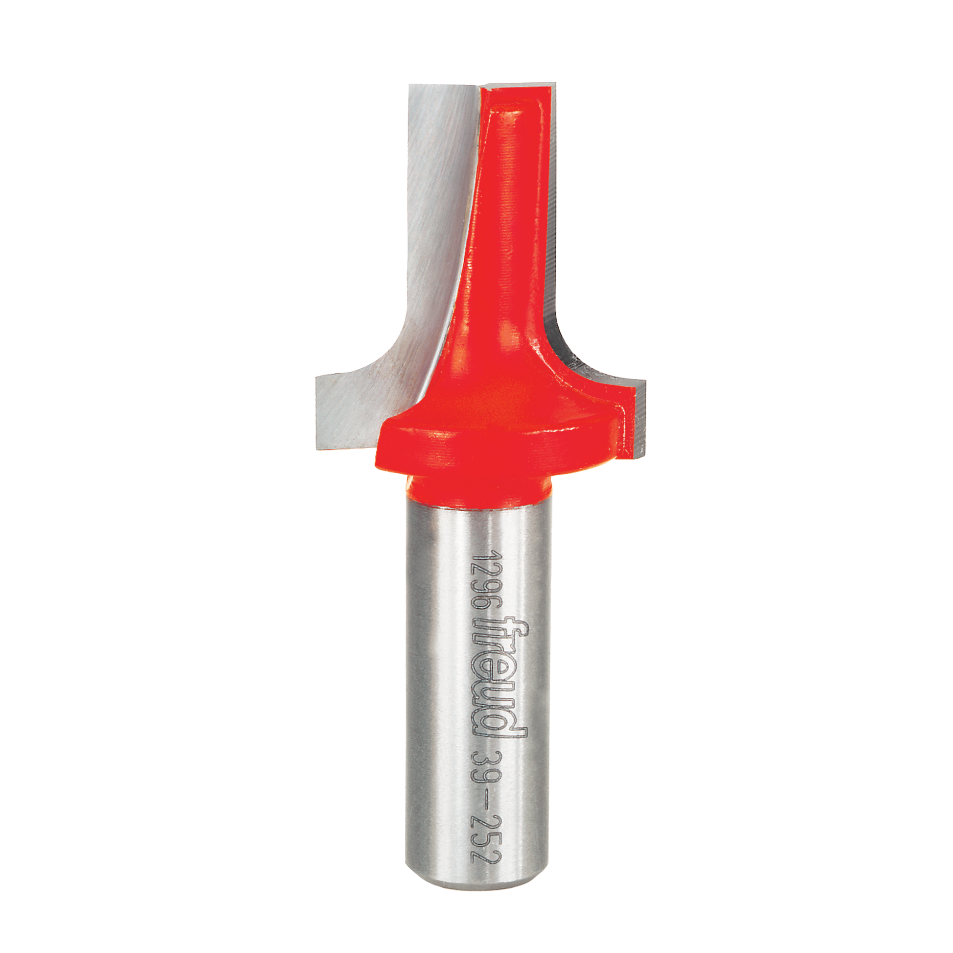 Red and silver router bit with rounded ovolo cutting profile and metal shank marked with Freud branding.