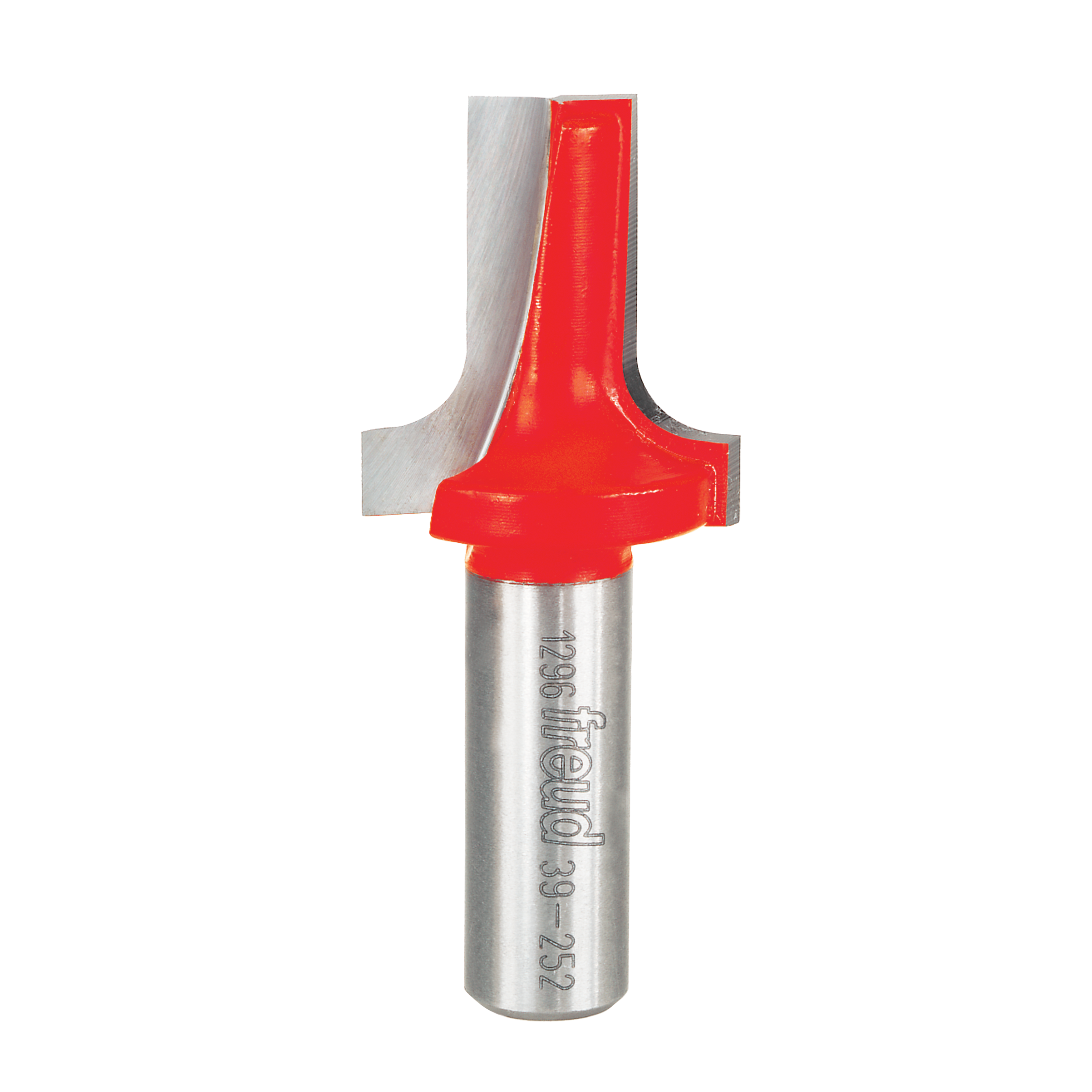 Red and silver router bit with rounded ovolo cutting profile and metal shank marked with Freud branding.