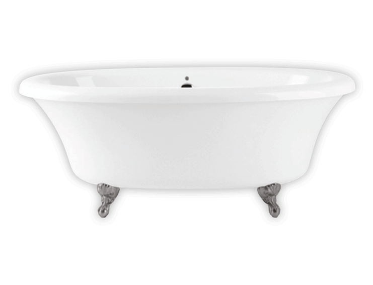 White oval freestanding bathtub with curved sides and decorative claw feet, shown from above at an angle.