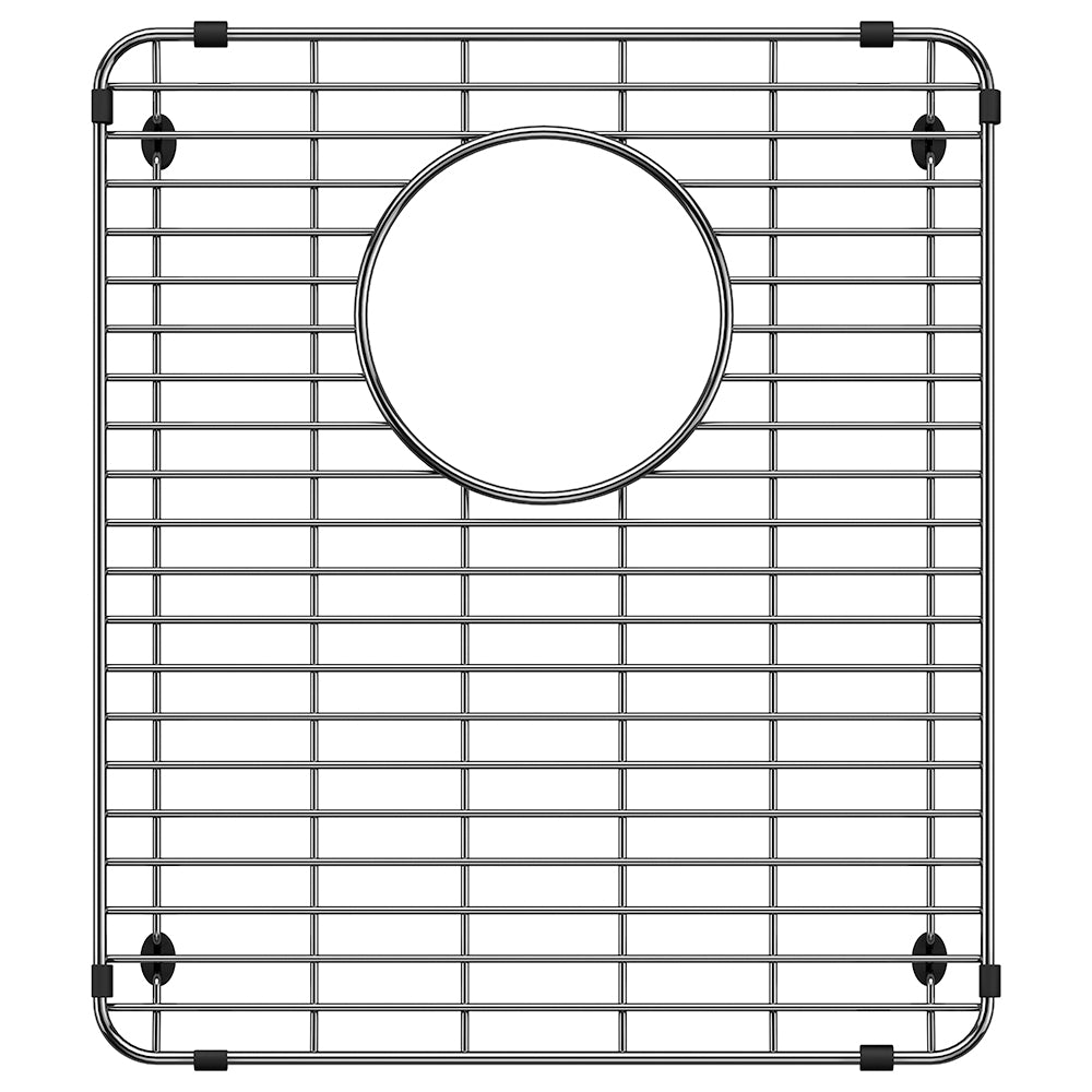 Stainless steel sink grid with rectangular cross-hatch pattern and circular opening, featuring black corner clips and adjustm