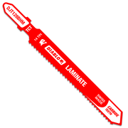 Red Diablo carbide T-shank jig saw blade with serrated cutting edge and product labeling on white background.