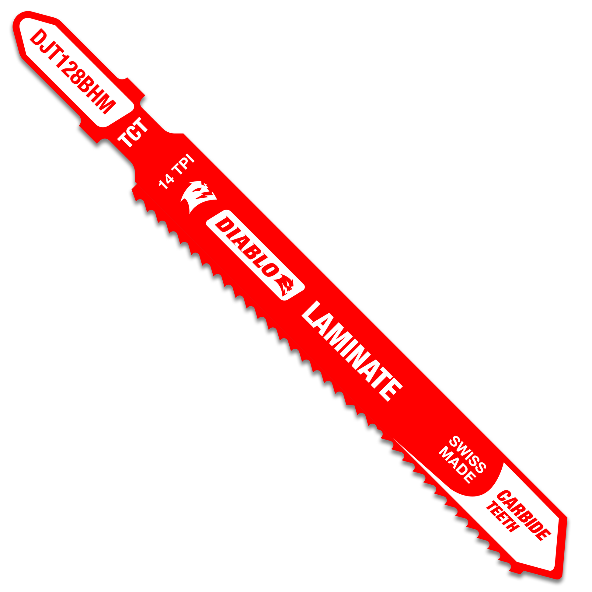 Red Diablo carbide T-shank jig saw blade with serrated cutting edge and product labeling on white background.