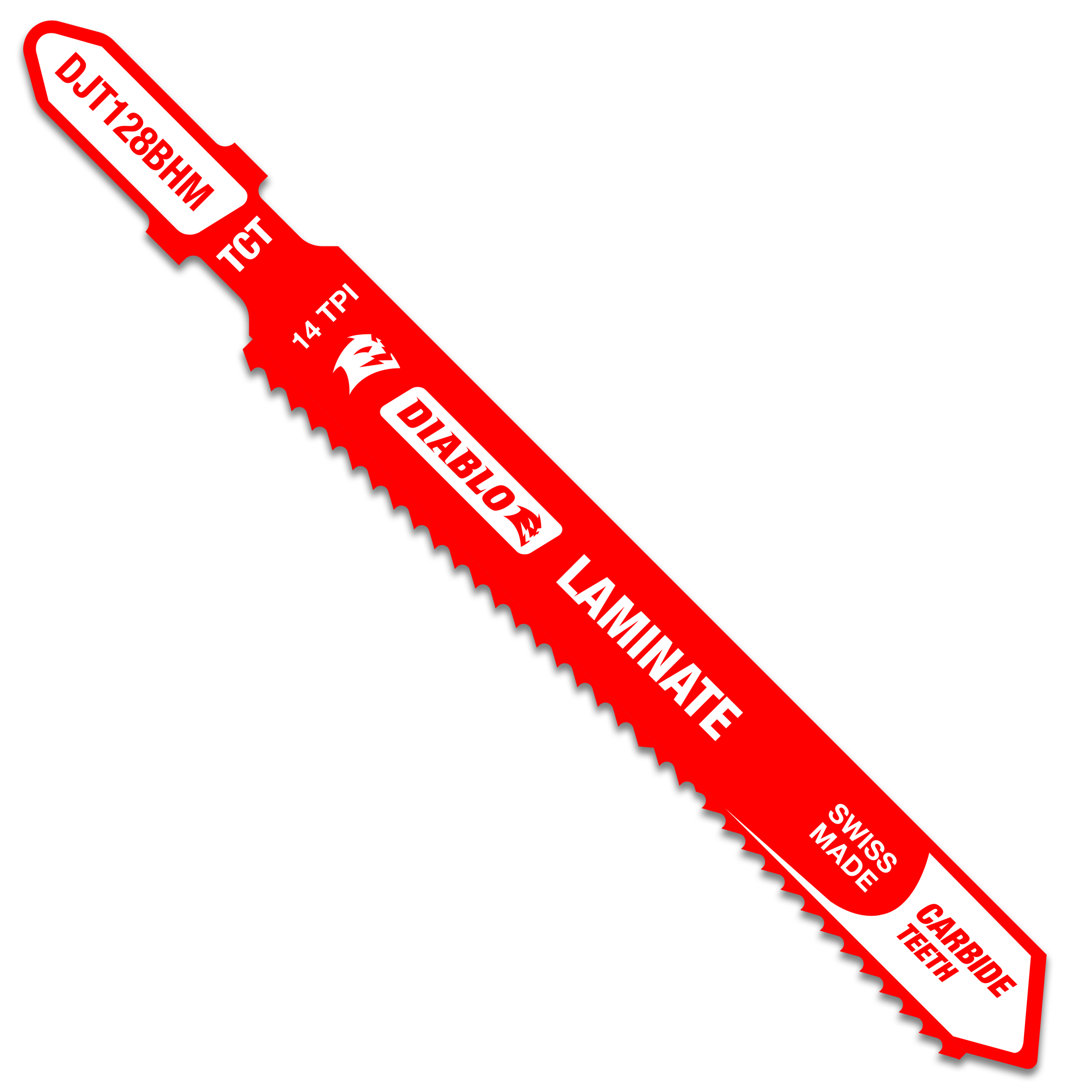 Red Diablo carbide T-shank jig saw blade with serrated cutting edge and product labeling on white background.