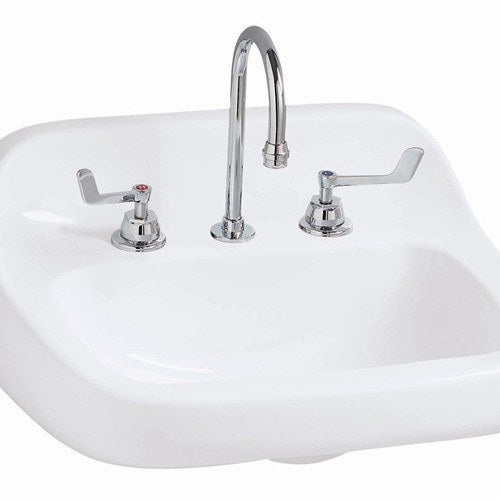 White wall-hung bathroom sink with chrome faucet and dual lever handles.