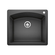 Anthracite drop-in kitchen sink with single bowl, chrome drain, and rounded corners, shown from above.