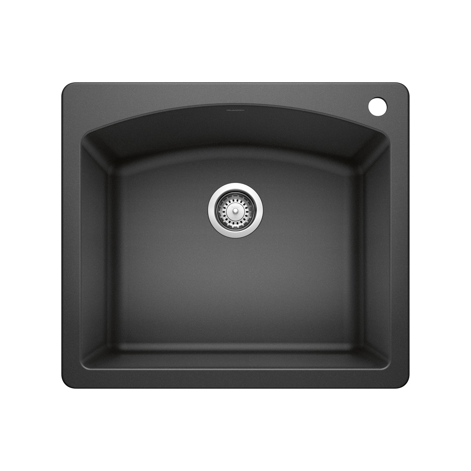Anthracite drop-in kitchen sink with single bowl, chrome drain, and rounded corners, shown from above.
