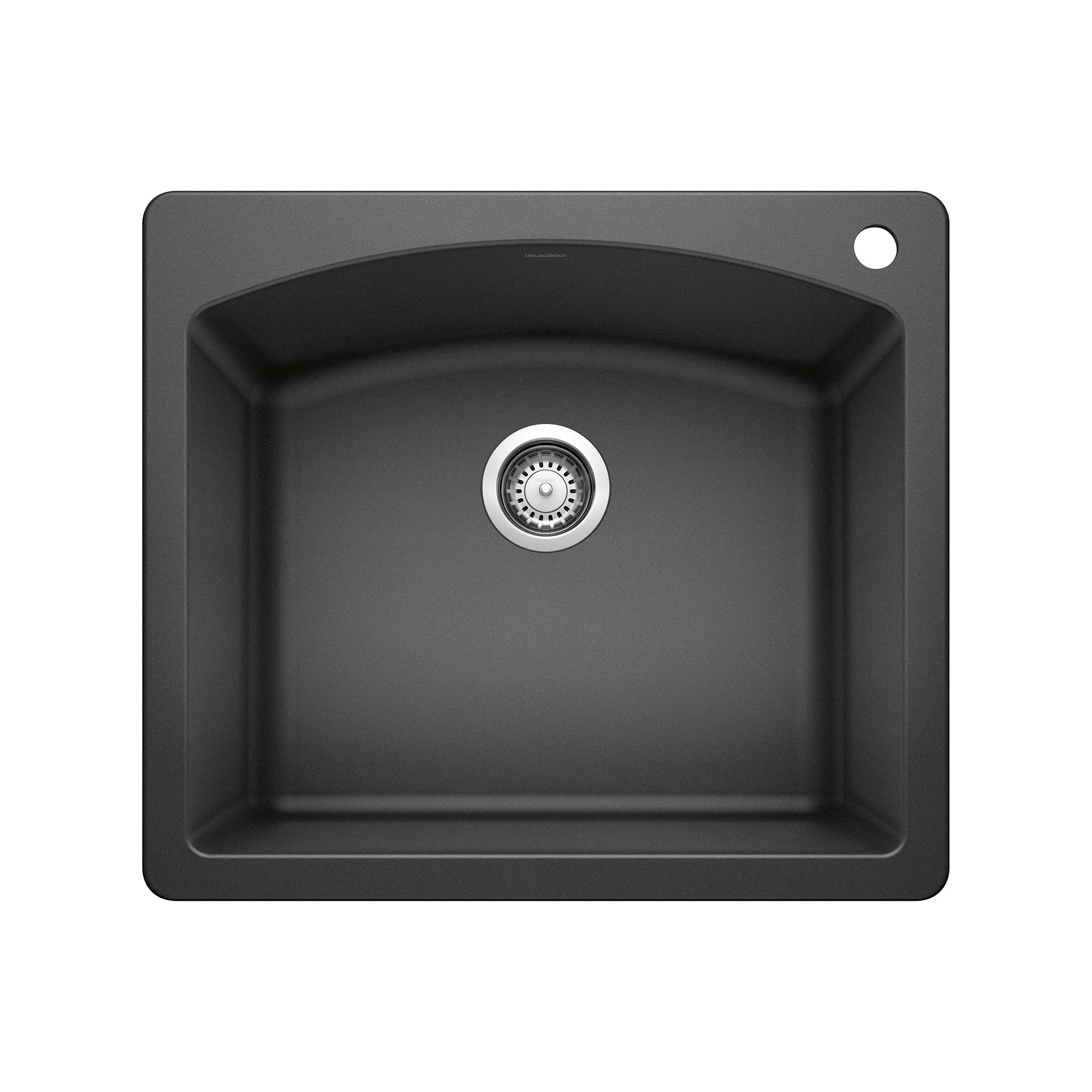 Anthracite drop-in kitchen sink with single bowl, chrome drain, and rounded corners, shown from above.