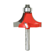 Red rounding over router bit with silver metal shaft and bearing collar for woodworking edges.
