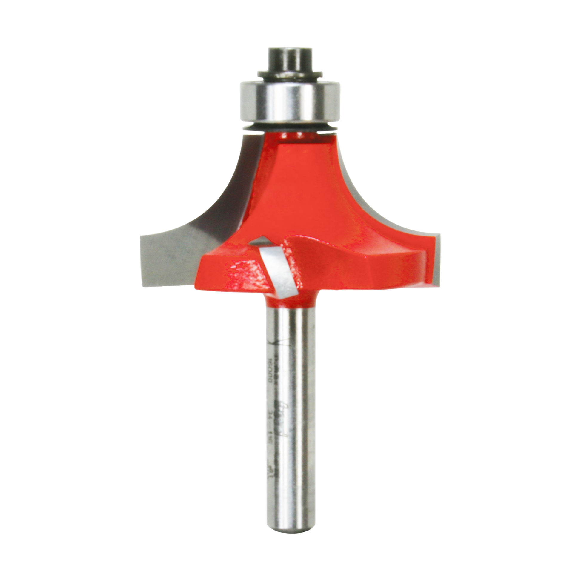 Red rounding over router bit with silver metal shaft and bearing collar for woodworking edges.