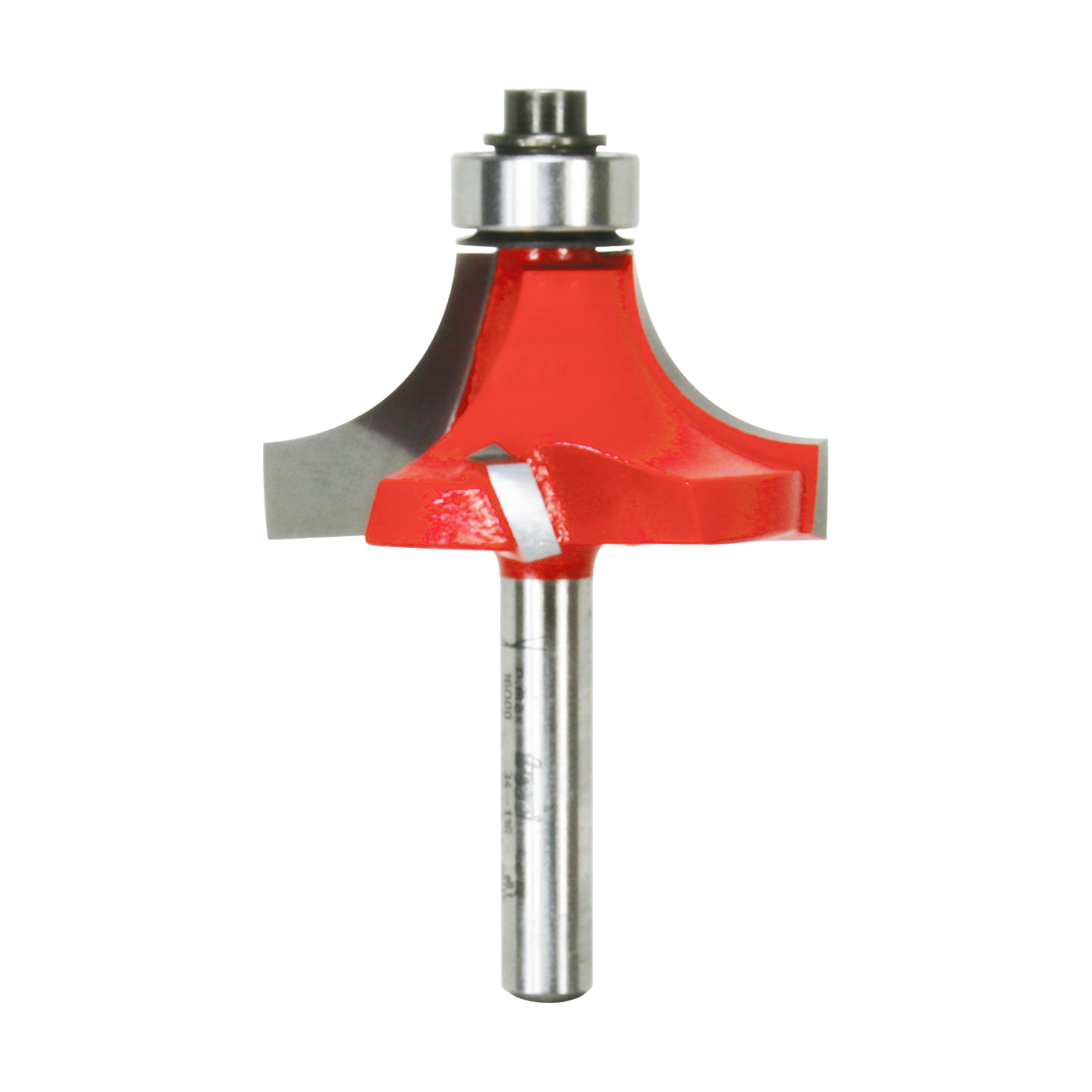 Red rounding over router bit with silver metal shaft and bearing collar for woodworking edges.