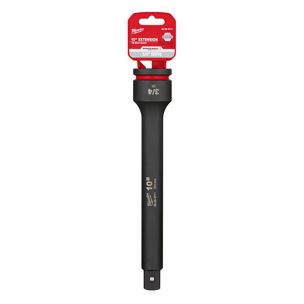 Black Milwaukee 3/4" drive 10" extension with red packaging and grip collar, marked with size specifications.