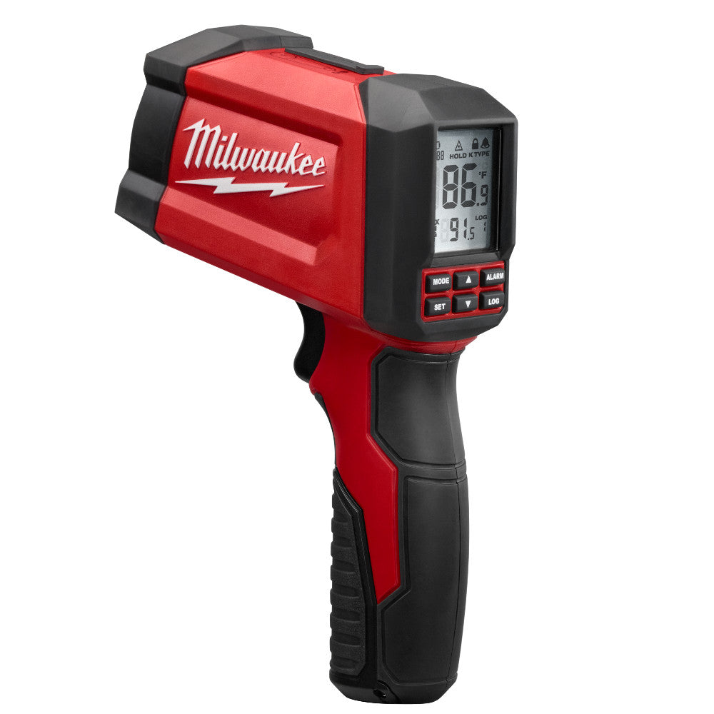 Milwaukee red and black infrared thermometer with digital display showing temperature readings and control buttons.