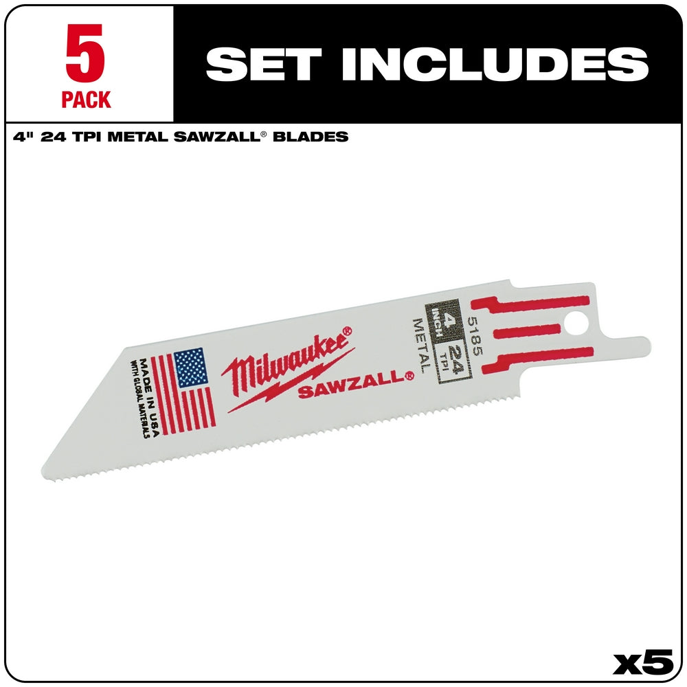 Five Milwaukee 4-inch 24TPI metal Sawzall blades with red attachment tabs and printed branding.