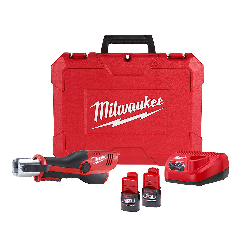 Milwaukee M12 press tool with red carrying case, charger, and two batteries.