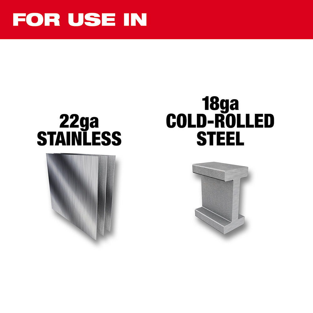 Red banner showing left-cutting aviation snips compatible with 22ga stainless steel and 18ga cold-rolled steel.