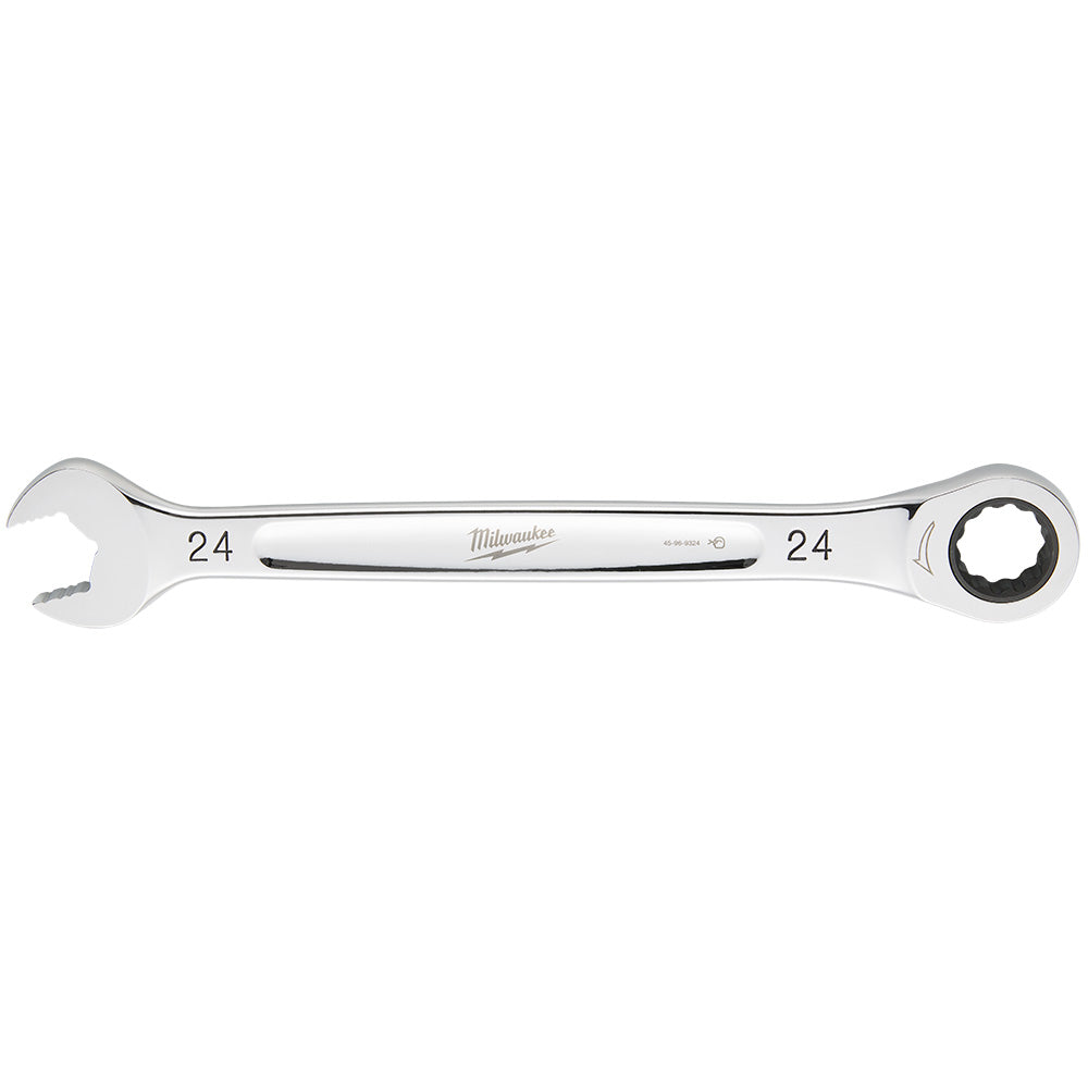 Silver 24mm ratcheting combination wrench with open wrench end on left and ratchet socket end on right.