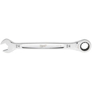Silver 24mm ratcheting combination wrench with open wrench end on left and ratchet socket end on right.