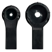 Two black plastic dust extractor nozzles with circular openings and brush bristles inside, shown front and side views.