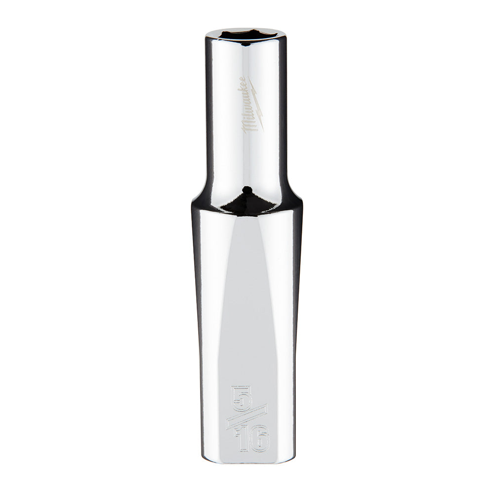 Chrome 3/8 inch drive deep socket with 6-point hex opening and Milwaukee branding.