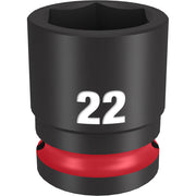Black impact socket with "22" marking and red grip band around base, 1/2" drive, 6-point design.