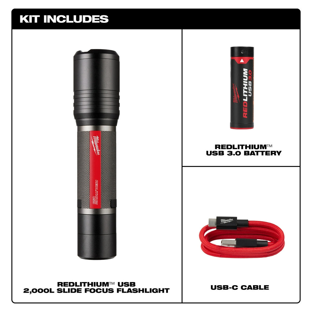 Black cylindrical flashlight with red grip band, Red Lithium USB battery, and red USB-C charging cable included in kit.