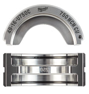 Milwaukee 49-16-U750C 750 MCM copper U-style die shown from top and bottom views with curved metal forming surfaces.