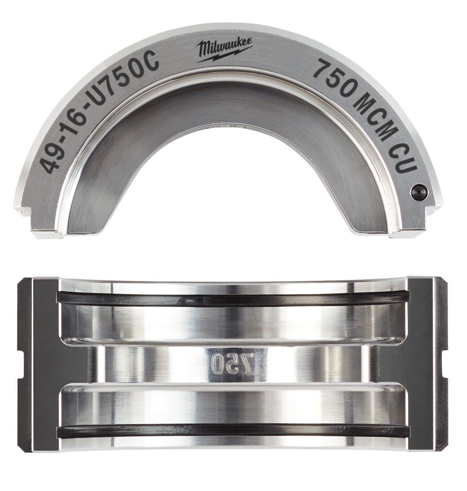 Milwaukee 49-16-U750C 750 MCM copper U-style die shown from top and bottom views with curved metal forming surfaces.