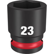Black socket with 6-point hexagonal opening, marked "23" on body, red band near base, 1/2" drive size.