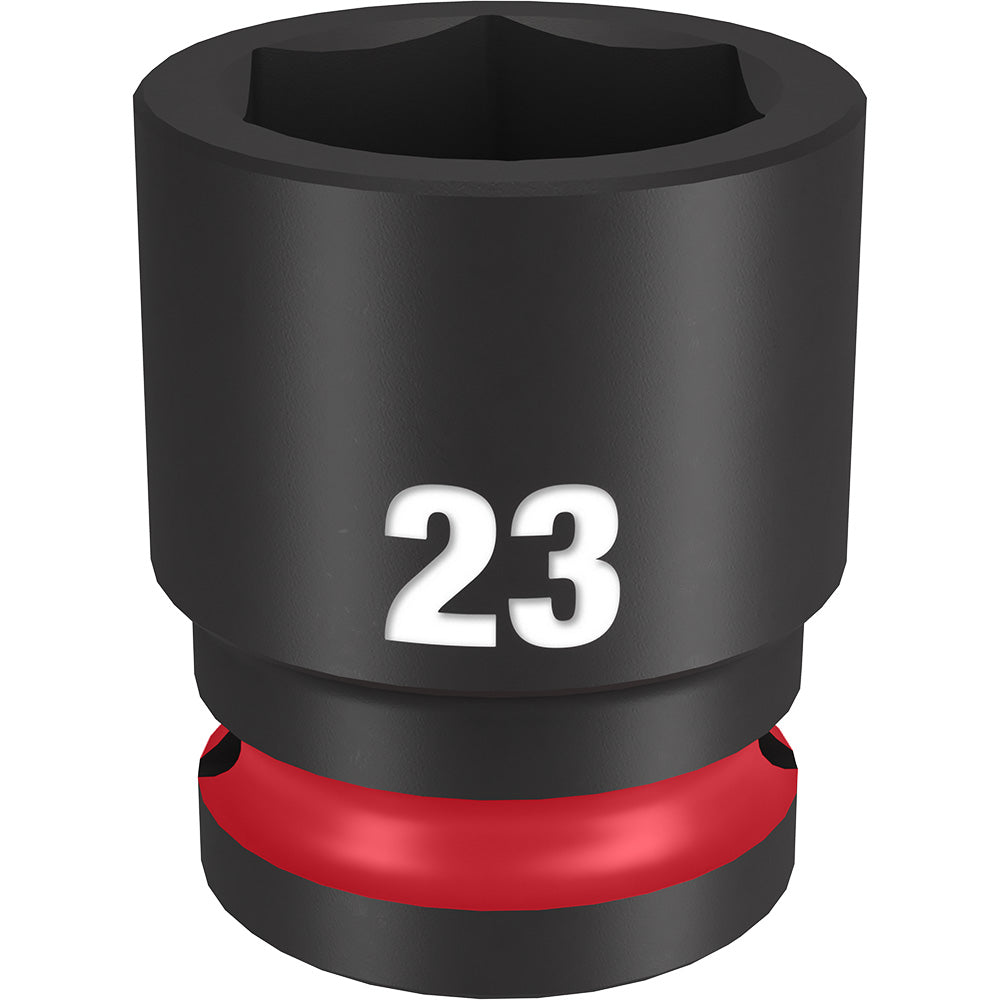 Black socket with 6-point hexagonal opening, marked "23" on body, red band near base, 1/2" drive size.
