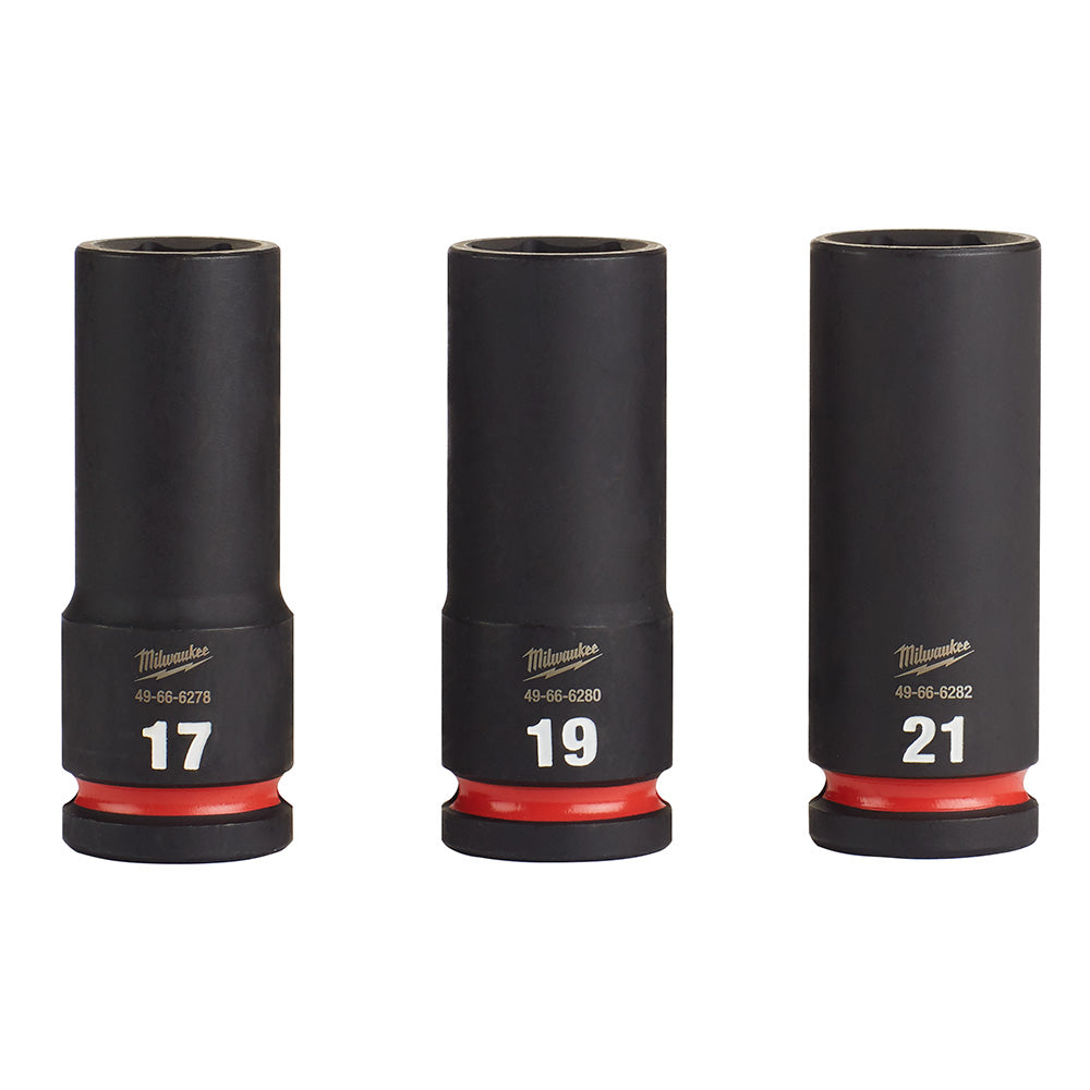 Three black deep sockets with red bands labeled 17, 19, and 21 for 1/2" drive.