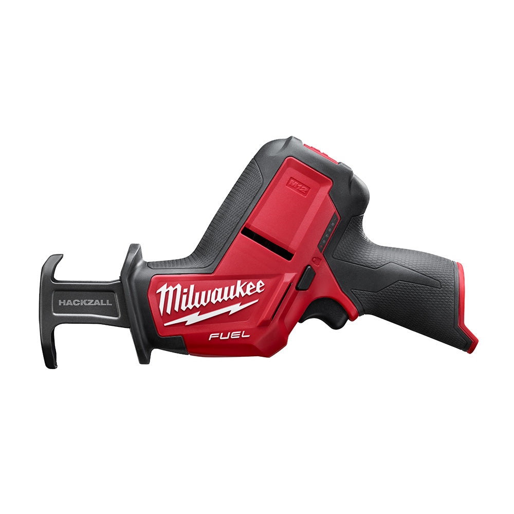 Milwaukee M12 FUEL Hackzall reciprocating saw with red housing, black grip, and blade guard on white background.