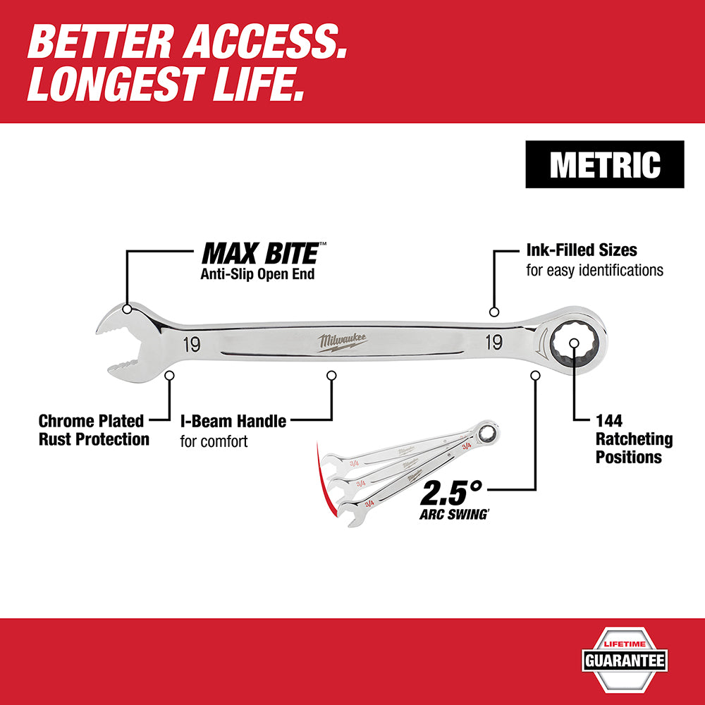 Milwaukee 15-piece metric ratcheting combination wrench set with chrome-plated handles and anti-slip open ends.