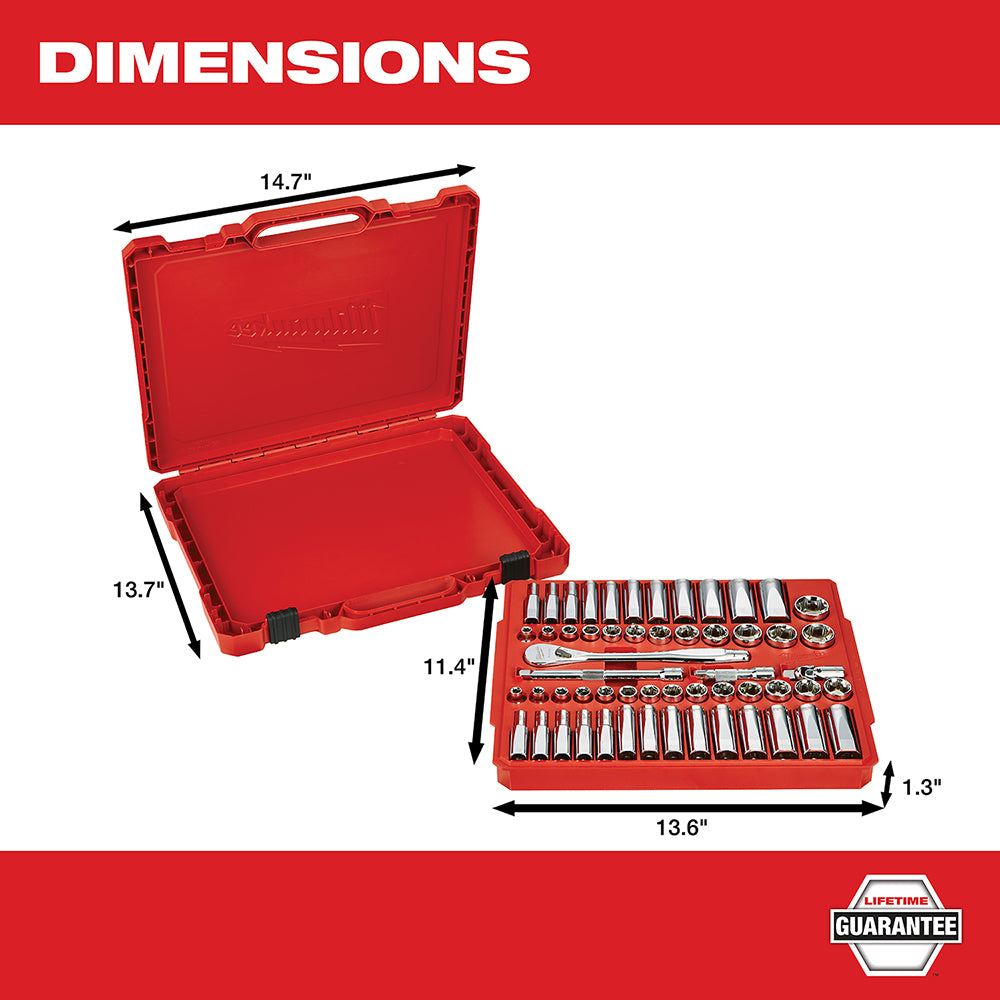 Red carrying case with organized socket set containing ratchet and sockets in various sizes.
