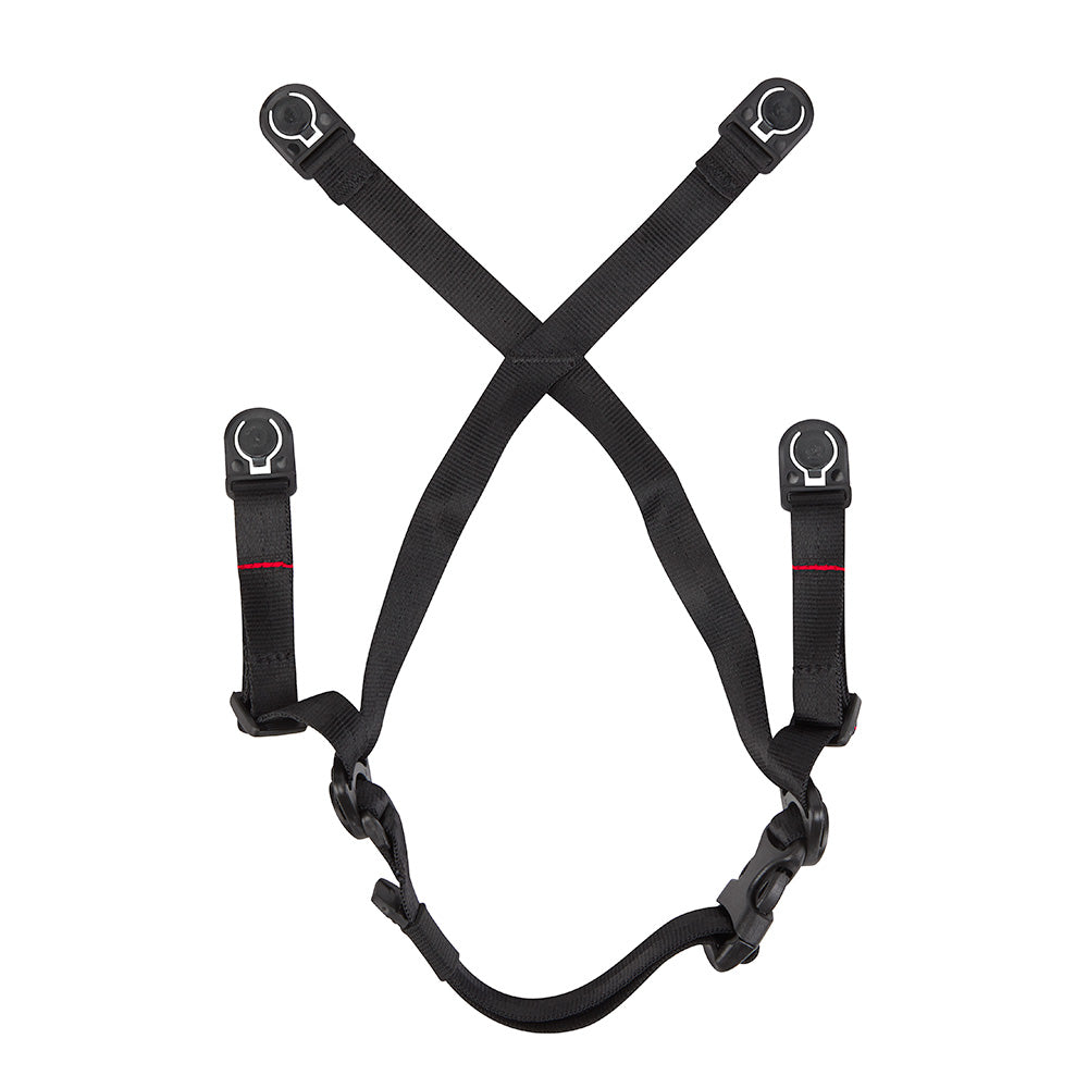 Black nylon safety helmet chin strap with four attachment points and plastic clips.