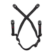 Black nylon safety helmet chin strap with four attachment points and plastic clips.