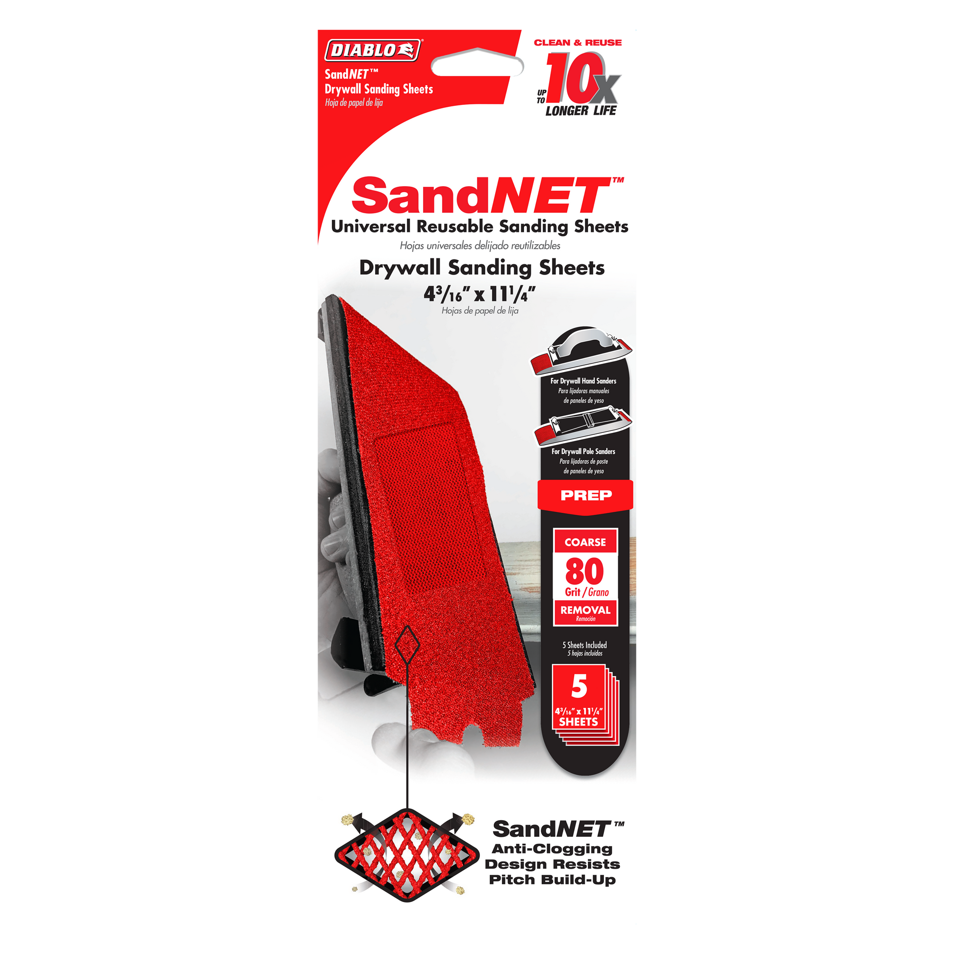 Red 80-grit SandNET drywall sanding sheets measuring 4-3/16 by 11-1/4 inches with anti-clogging mesh design, 5-piece pack.