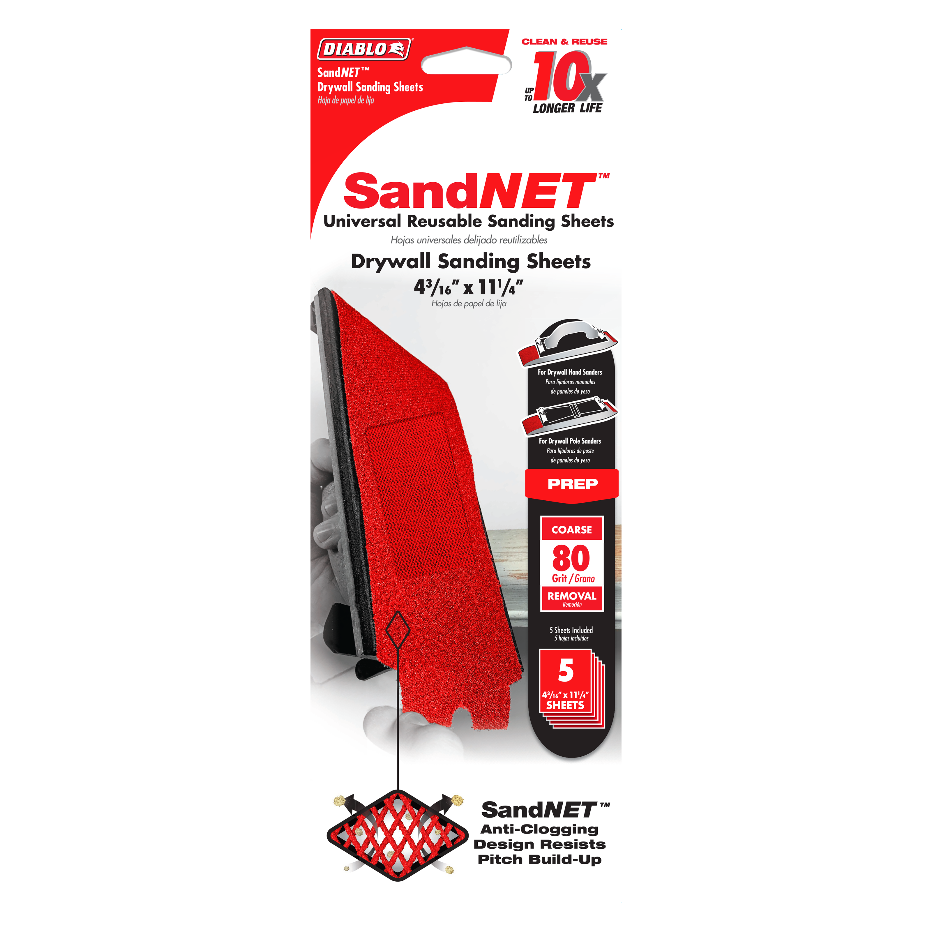 Red 80-grit SandNET drywall sanding sheets measuring 4-3/16 by 11-1/4 inches with anti-clogging mesh design, 5-piece pack.