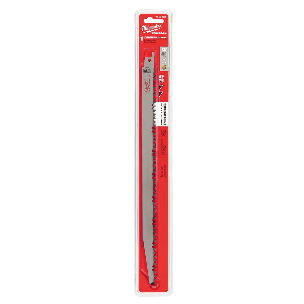 Milwaukee SAWZALL pruning blade, 12 inches long with 5 teeth per inch, in red and clear packaging.